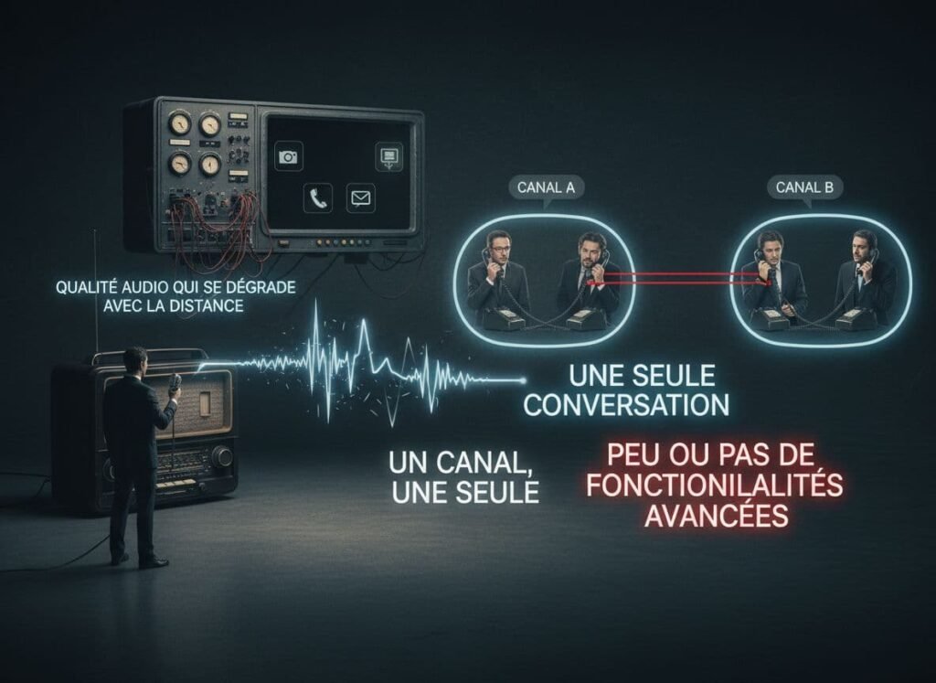 Une représentation photoréaliste des limites de l'audio analogique dans les environnements professionnels, notamment la dégradation de la qualité à distance, les conversations à canal unique et l'absence de fonctionnalités avancées.