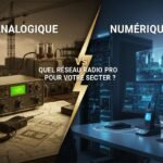 Une image comparative photoréaliste des réseaux radio professionnels analogiques et numériques adaptés à différents secteurs, capturée en ultra haute définition avec une photographie professionnelle et un éclairage cinématographique.