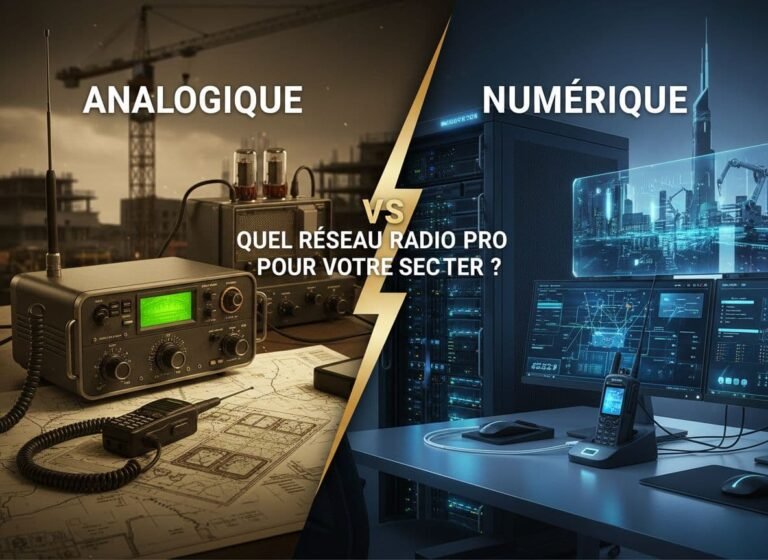 Une image comparative photoréaliste des réseaux radio professionnels analogiques et numériques adaptés à différents secteurs, capturée en ultra haute définition avec une photographie professionnelle et un éclairage cinématographique.