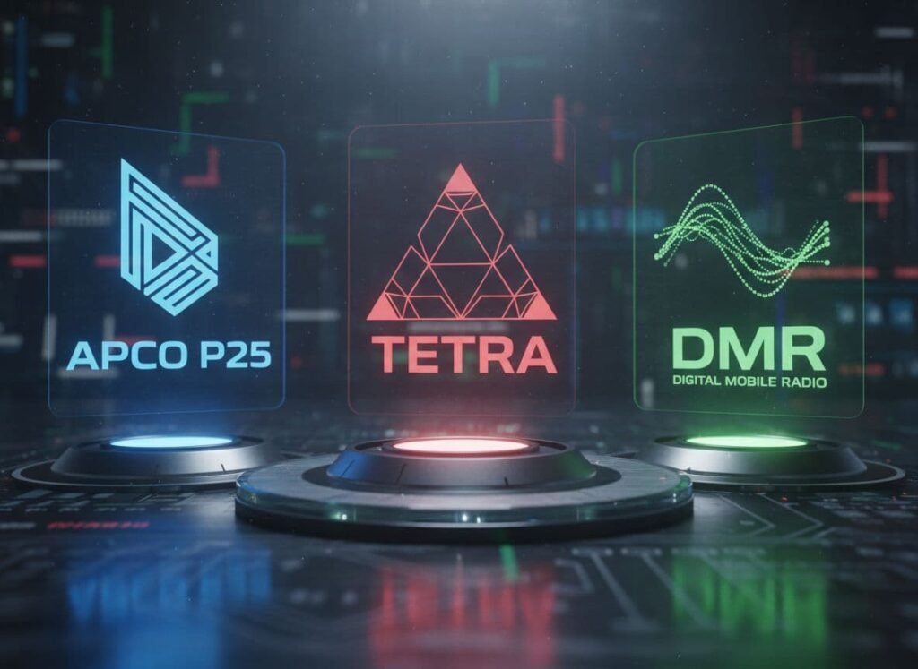 Illustration photoréaliste des trois principales normes de radio numérique : APCO P25, TETRA et DMR (Digital Mobile Radio). Image ultra haute définition avec une qualité photographique professionnelle et un éclairage cinématographique.