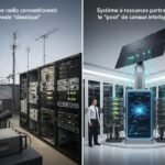 Illustration des deux principales familles de systèmes radio professionnels : le système conventionnel (méthode classique) et le système à ressources partagées (pool intelligent de canaux), dans un style photoréaliste.