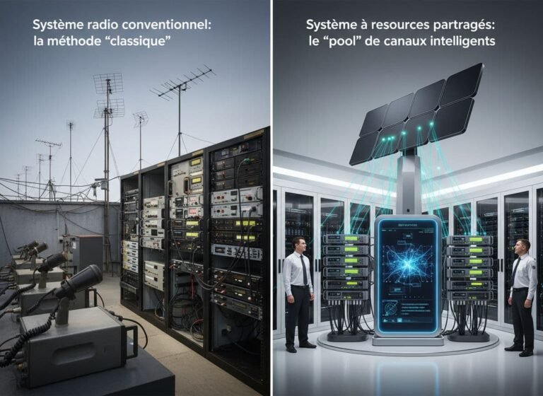 Illustration des deux principales familles de systèmes radio professionnels : le système conventionnel (méthode classique) et le système à ressources partagées (pool intelligent de canaux), dans un style photoréaliste.