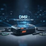 Appareil radio mobile numérique (DMR) professionnel photoréaliste en ultra haute définition, présentant des fonctionnalités détaillées avec un éclairage cinématographique et une mise au point précise.