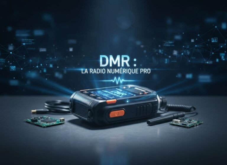 Appareil radio mobile numérique (DMR) professionnel photoréaliste en ultra haute définition, présentant des fonctionnalités détaillées avec un éclairage cinématographique et une mise au point précise.
