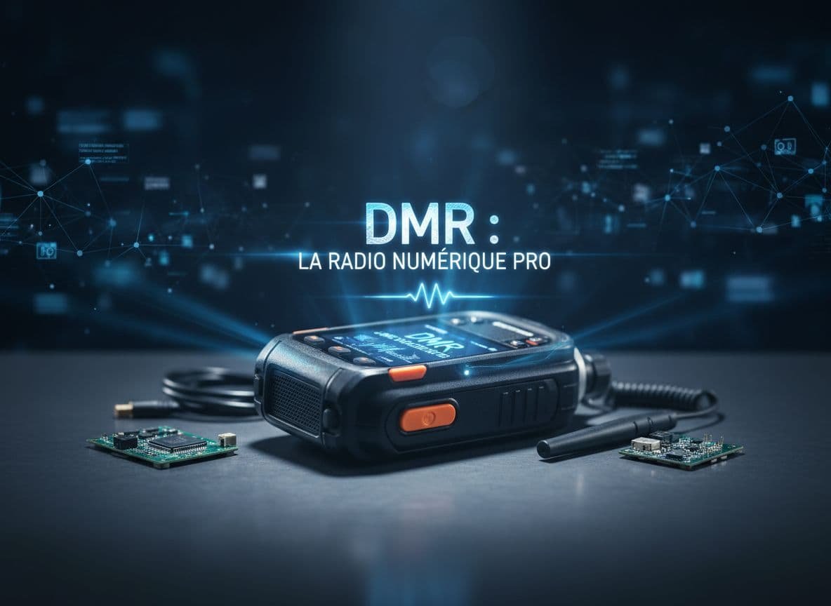 Appareil radio mobile numérique (DMR) professionnel photoréaliste en ultra haute définition, présentant des fonctionnalités détaillées avec un éclairage cinématographique et une mise au point précise.