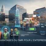 Image professionnelle photoréaliste mettant en avant les avantages de la radio mobile numérique (DMR) pour les entreprises, avec des détails ultra-haute définition et un éclairage cinématographique.