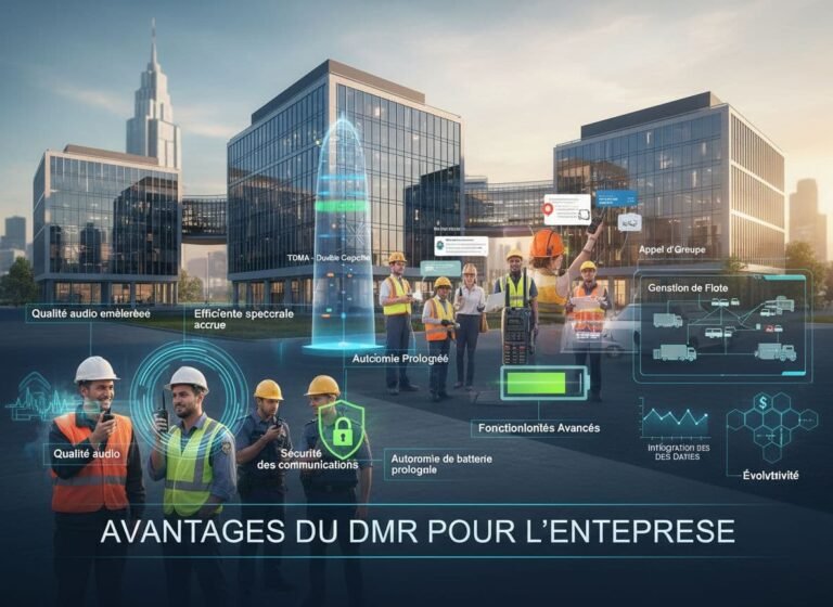 Image professionnelle photoréaliste mettant en avant les avantages de la radio mobile numérique (DMR) pour les entreprises, avec des détails ultra-haute définition et un éclairage cinématographique.
