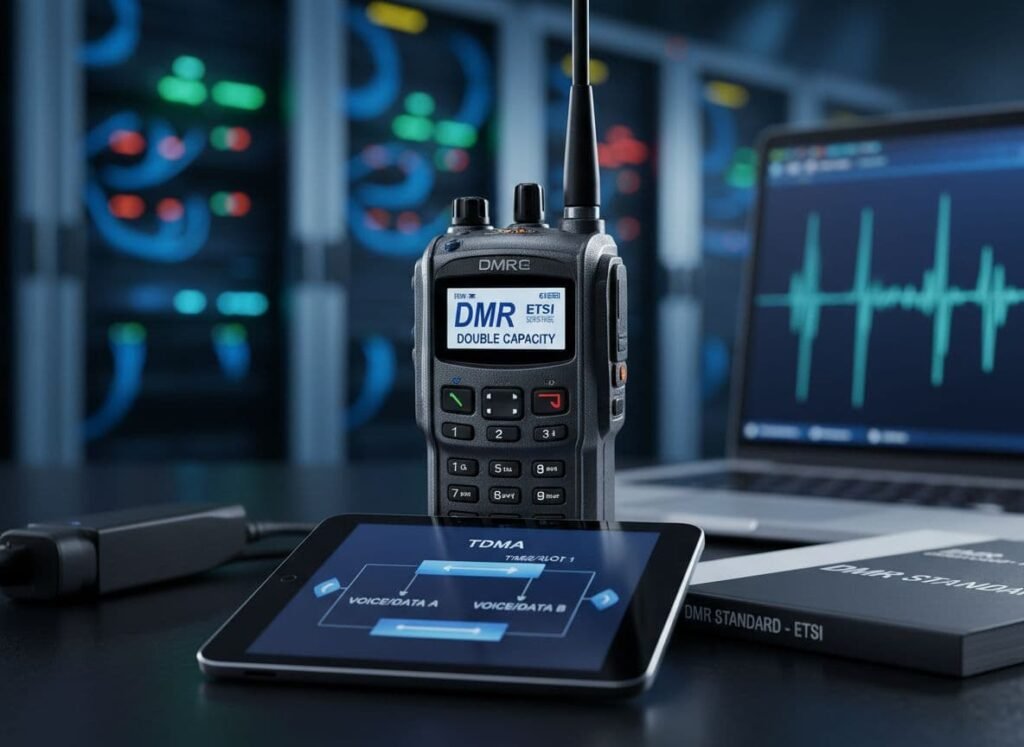 Une image photoréaliste ultra haute définition illustrant les principes fondamentaux de la technologie DMR tier II, présentant la norme ETSI, les capacités de la radio numérique et les fonctionnalités à double capacité, avec un éclairage cinématographique professionnel et des détails nets.