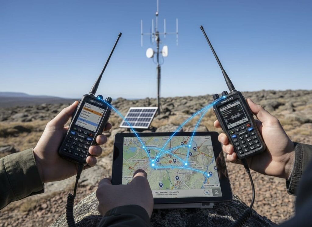 Une image photoréaliste illustrant l'utilisation pratique de la technologie DMR (Digital Mobile Radio), capturée en ultra haute définition avec une mise au point précise, une photographie professionnelle, un éclairage cinématographique et des détails hyperréalistes.