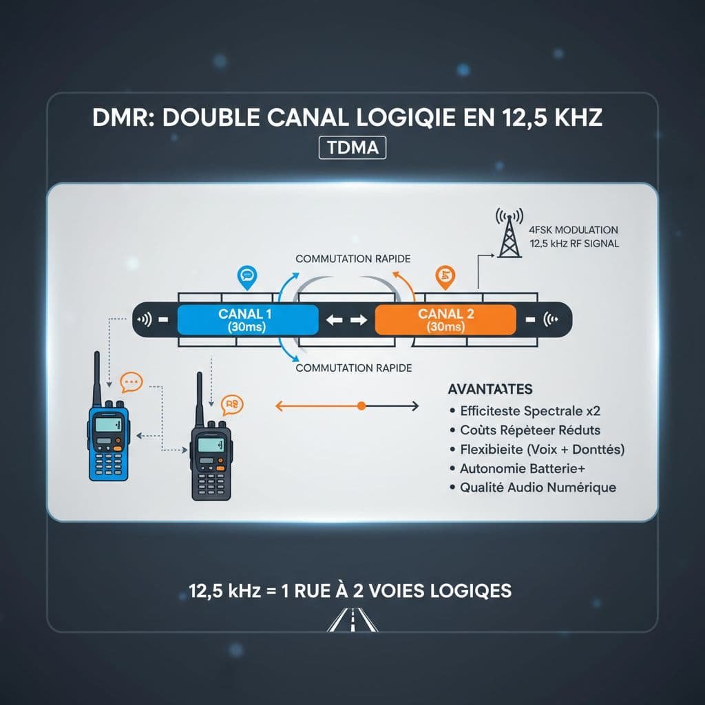 Illustration expliquant le fonctionnement du DMR avec deux canaux logiques dans une bande passante de 12,5 kHz.