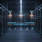 Illustration photoréaliste de l'architecture réseau DMR mettant en évidence les sites, les connexions IP et les systèmes de liaison en ultra haute définition.