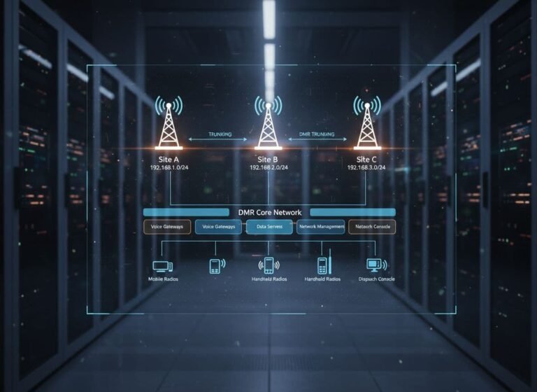Illustration photoréaliste de l'architecture réseau DMR mettant en évidence les sites, les connexions IP et les systèmes de liaison en ultra haute définition.