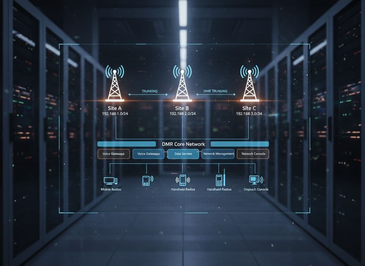 Illustration photoréaliste de l'architecture réseau DMR mettant en évidence les sites, les connexions IP et les systèmes de liaison en ultra haute définition.