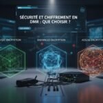 Une image photoréaliste illustrant les options de sécurité et de cryptage dans les systèmes de radio mobile numérique (DMR), comparant les méthodes Basic, Enhanced et AES256 afin d'aider à choisir la meilleure option.