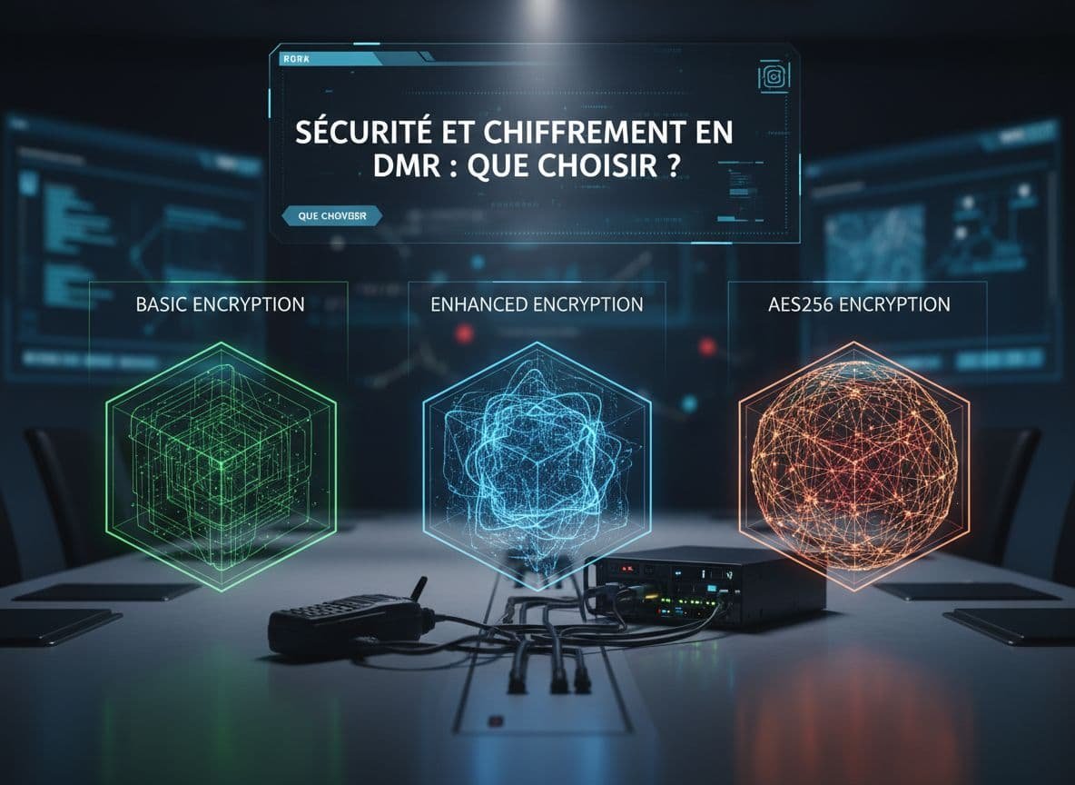 Une image photoréaliste illustrant les options de sécurité et de cryptage dans les systèmes de radio mobile numérique (DMR), comparant les méthodes Basic, Enhanced et AES256 afin d'aider à choisir la meilleure option.