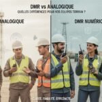Une image professionnelle photoréaliste comparant les radios numériques DMR aux radios analogiques, mettant en évidence les principales différences pour les équipes de terrain en ultra haute définition avec une mise au point nette et un éclairage cinématographique.