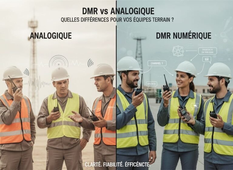 Une image professionnelle photoréaliste comparant les radios numériques DMR aux radios analogiques, mettant en évidence les principales différences pour les équipes de terrain en ultra haute définition avec une mise au point nette et un éclairage cinématographique.