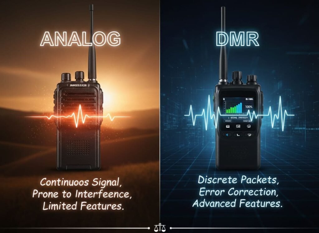 Image professionnelle photoréaliste comparant la radio numérique DMR et la radio analogique, servant de simple rappel des principes fondamentaux de l'ultra haute définition avec un éclairage cinématographique et une mise au point nette.