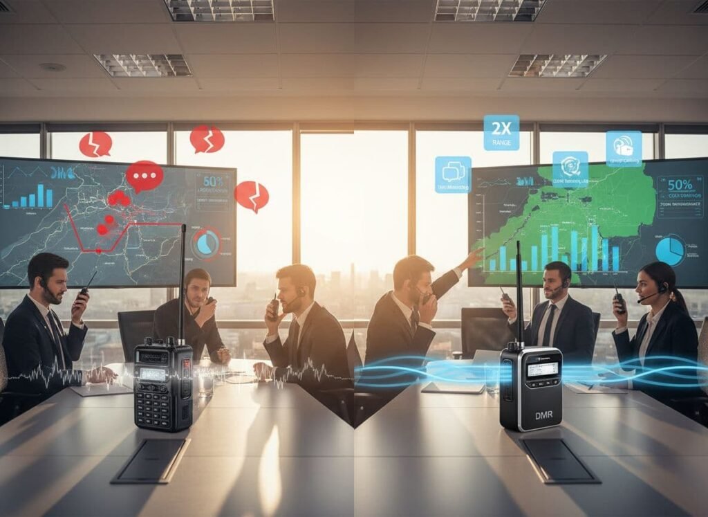 Image photoréaliste d'une salle de réunion contrastant des professionnels frustrés équipés de radios analogiques défaillantes avec des cadres confiants tirant pleinement parti des fonctionnalités avancées du DMR, telles qu'une portée étendue et une communication claire.