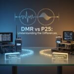 Une image comparative photoréaliste mettant en évidence les principales différences entre les protocoles radio numériques DMR et P25. Rendu en ultra haute définition avec un style photographique professionnel, une mise au point nette et un éclairage cinématographique.