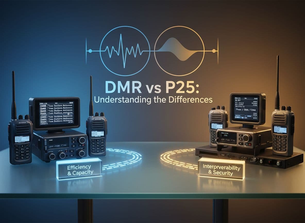 Une image comparative photoréaliste mettant en évidence les principales différences entre les protocoles radio numériques DMR et P25. Rendu en ultra haute définition avec un style photographique professionnel, une mise au point nette et un éclairage cinématographique.