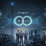 Image professionnelle photoréaliste comparant les réseaux radio DMR et TETRA pour faciliter la sélection.