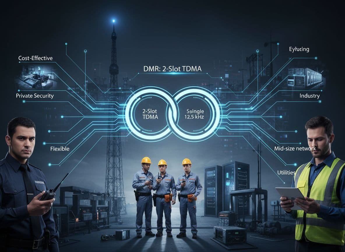 Image professionnelle photoréaliste comparant les réseaux radio DMR et TETRA pour faciliter la sélection.