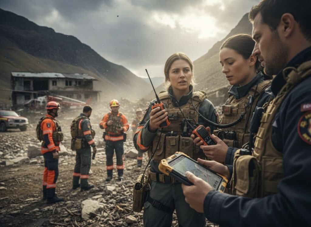 Illustration photorealiste des avantages de la technologie radio sur le terrain : communication instantanee et de groupe, fiabilite en urgence, robustesse et portee etendue.