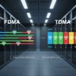Comparaison photoréaliste illustrant les protocoles FDMA et TDMA pour la gestion du spectre partagé dans les systèmes de radiocommunication mobile privée (PMR).