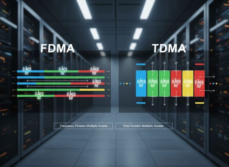 Comparaison photoréaliste illustrant les protocoles FDMA et TDMA pour la gestion du spectre partagé dans les systèmes de radiocommunication mobile privée (PMR).