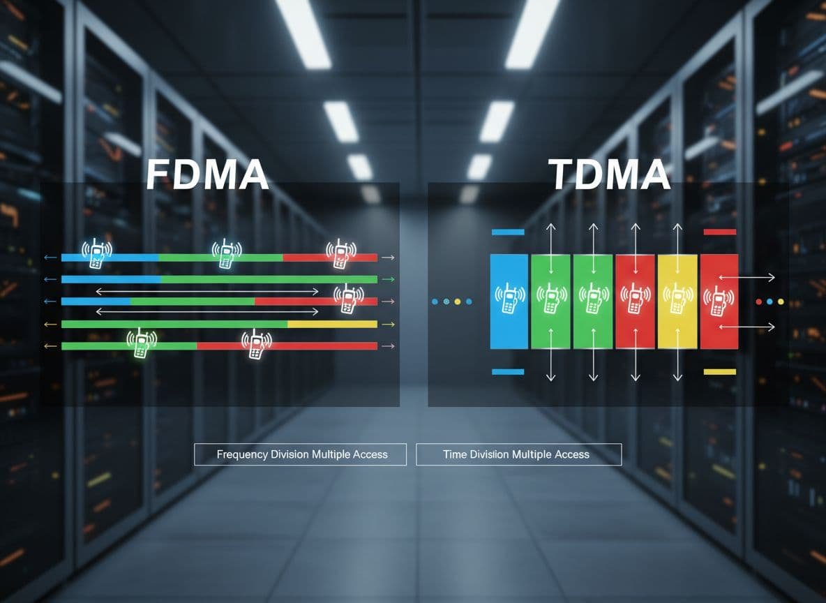 Comparaison photoréaliste illustrant les protocoles FDMA et TDMA pour la gestion du spectre partagé dans les systèmes de radiocommunication mobile privée (PMR).