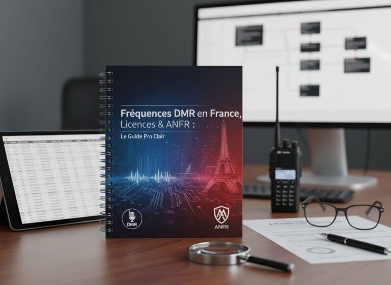 Un guide clair et detaille pour les professionnels sur les frequences DMR en France, incluant les licences et informations ANFR, presente de maniere photo-realiste en ultra haute definition.