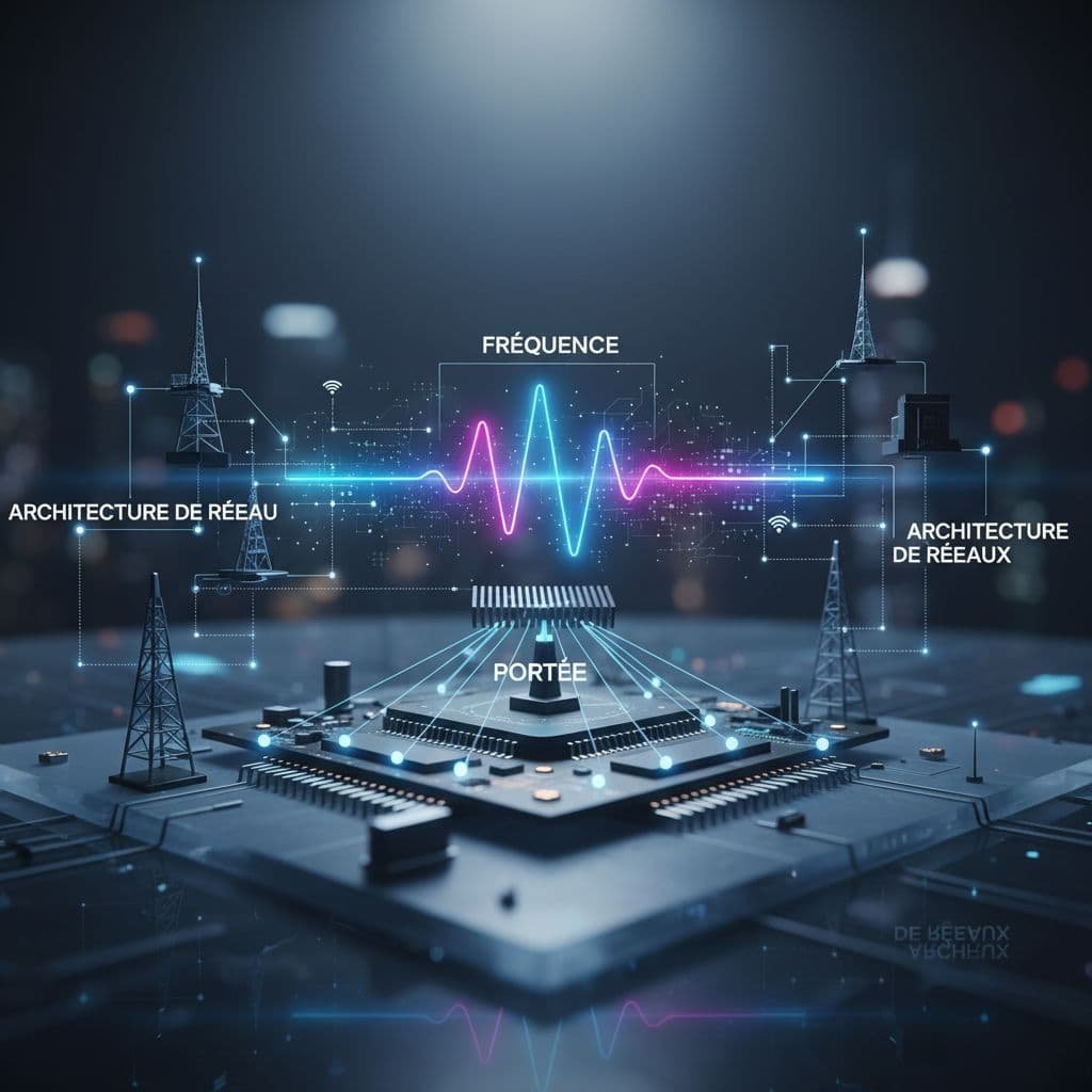 Illustration photoréaliste des concepts essentiels du réseau, notamment la fréquence, la portée (portee) et l'architecture réseau. Photographie professionnelle très détaillée avec un éclairage cinématographique et une mise au point nette.