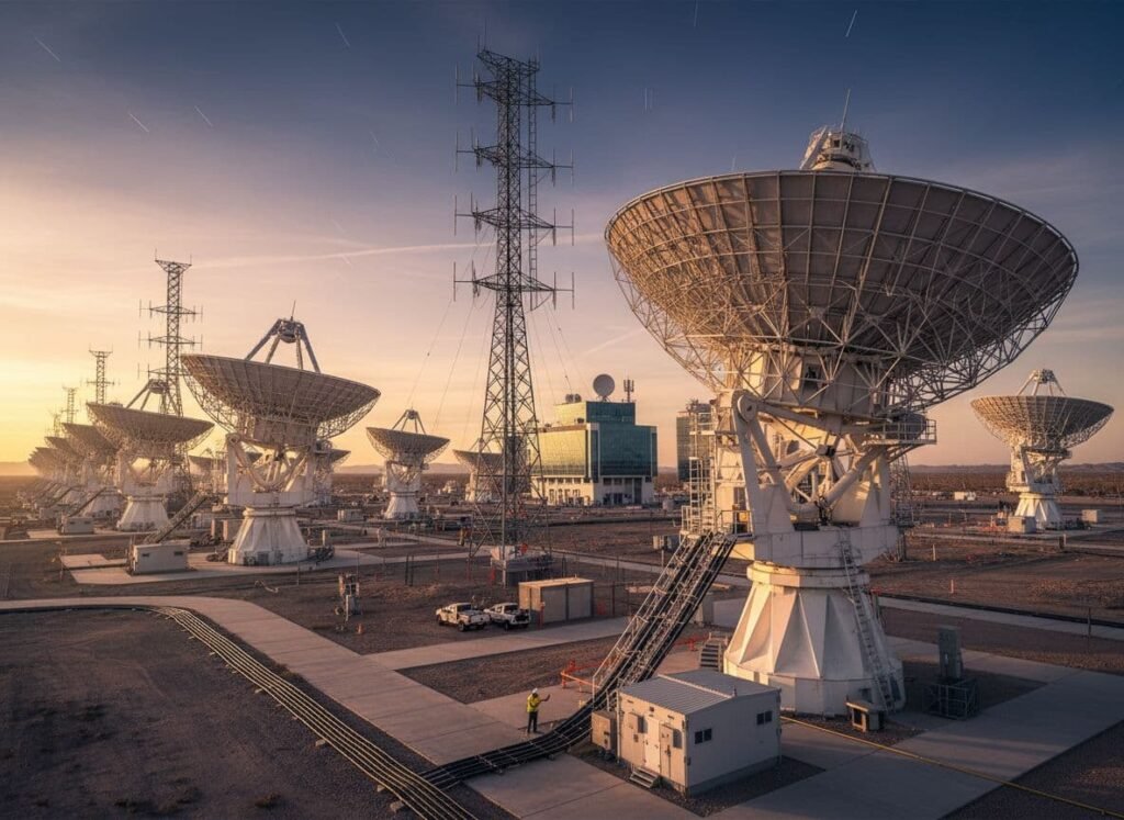 Vue professionnelle photoréaliste de grandes architectures radio, capturée avec une ultra haute définition, une mise au point précise, un éclairage cinématographique et des détails hyperréalistes.