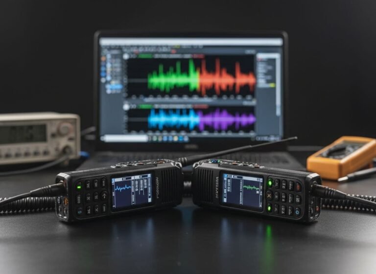 Gros plan photoréaliste d'une radio DMR Motorola transmettant à une radio DMR Hytera, illustrant une compatibilité parfaite sur un établi professionnel équipé d'éléments de laboratoire technologique.