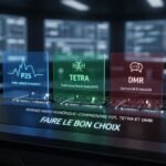 Image photoréaliste illustrant les principales normes de radio numérique P25, TETRA et DMR afin de guider un choix éclairé. Photographie professionnelle avec éclairage cinématographique et détails hyperréalistes.