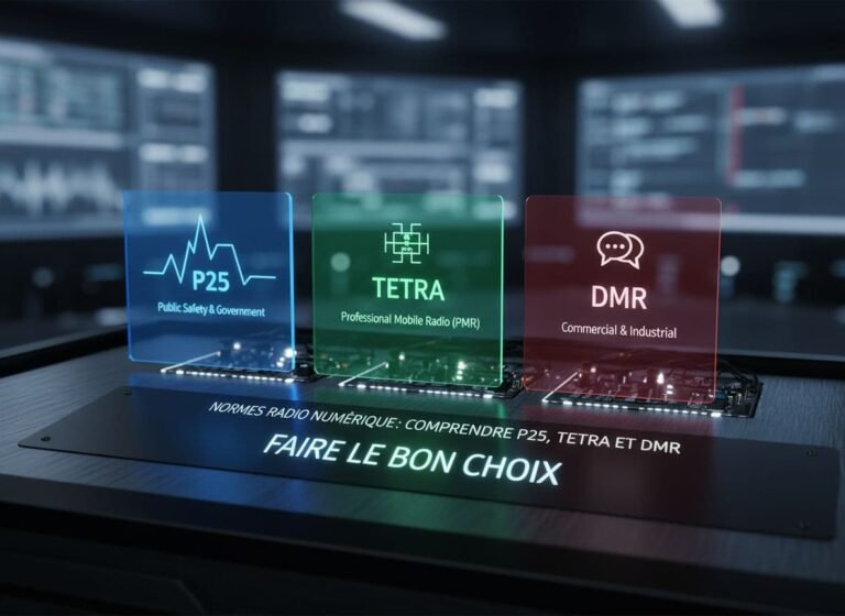 Image photoréaliste illustrant les principales normes de radio numérique P25, TETRA et DMR afin de guider un choix éclairé. Photographie professionnelle avec éclairage cinématographique et détails hyperréalistes.