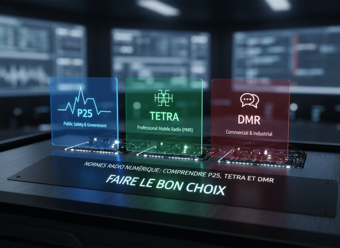 Image photoréaliste illustrant les principales normes de radio numérique P25, TETRA et DMR afin de guider un choix éclairé. Photographie professionnelle avec éclairage cinématographique et détails hyperréalistes.