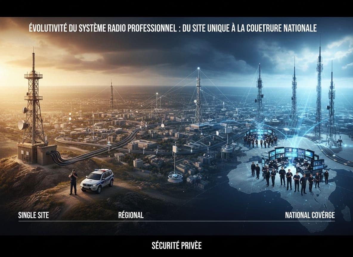 Évolution des systèmes radio professionnels dans le domaine de la sécurité privée, passant d'un site unique à une couverture nationale.