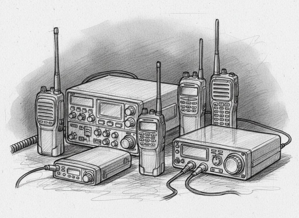 Esquisse au crayon noir et blanc dessinée à la main représentant une famille de radios professionnelles, avec des traits de crayon grossiers, un travail détaillé au trait, des ombres au graphite et un effet de papier texturé.
