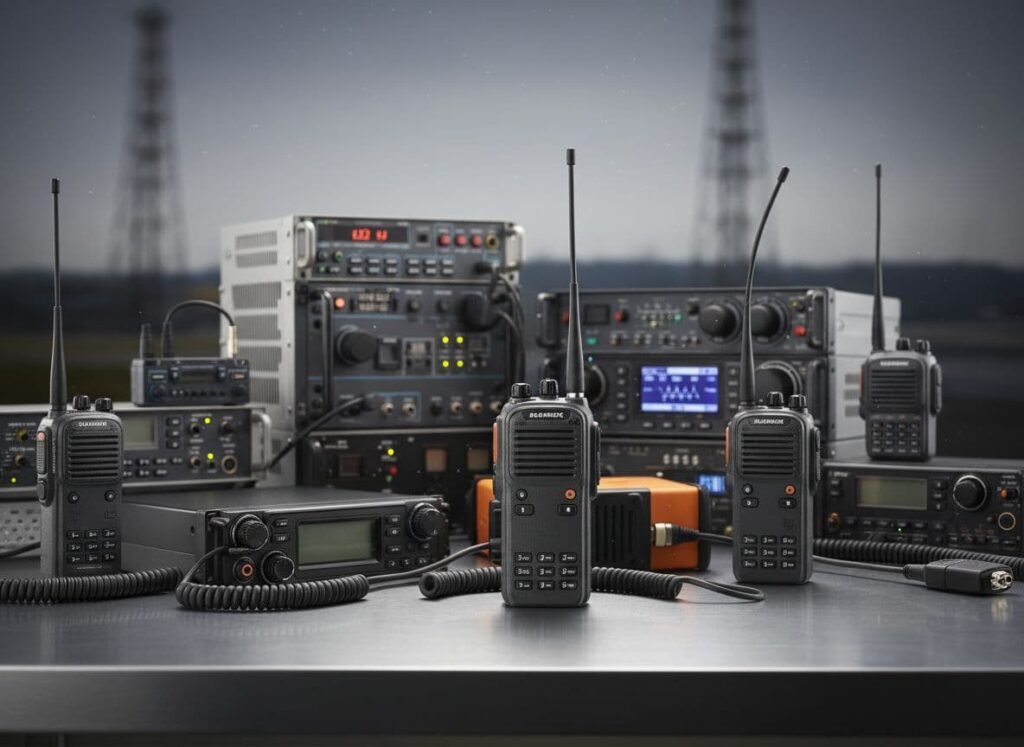 Représentation photoréaliste de radios professionnelles et de systèmes de radiocommunication mobile terrestre (LMR) en ultra haute définition avec une mise au point précise et un éclairage cinématographique.