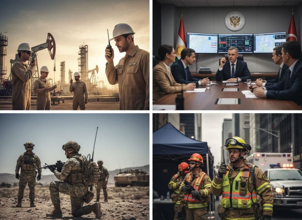 Image photoréaliste présentant les principaux secteurs utilisant des radios professionnelles, notamment le pétrole, le gaz, la chimie, les programmes gouvernementaux, la défense militaire et la défense nationale.