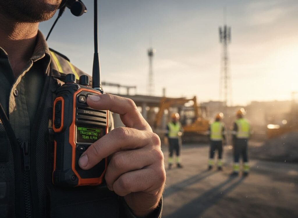 Représentation photoréaliste d'un système de communication semi-duplex push-to-talk conçu pour les équipes de terrain, avec des photographies professionnelles bénéficiant d'un éclairage cinématographique et de détails hyperréalistes.
