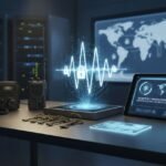 Représentation photoréaliste de la sécurité des communications radio introduisant le cryptage, les clés cryptographiques et la technologie OTAR en ultra haute définition avec un éclairage cinématographique professionnel.