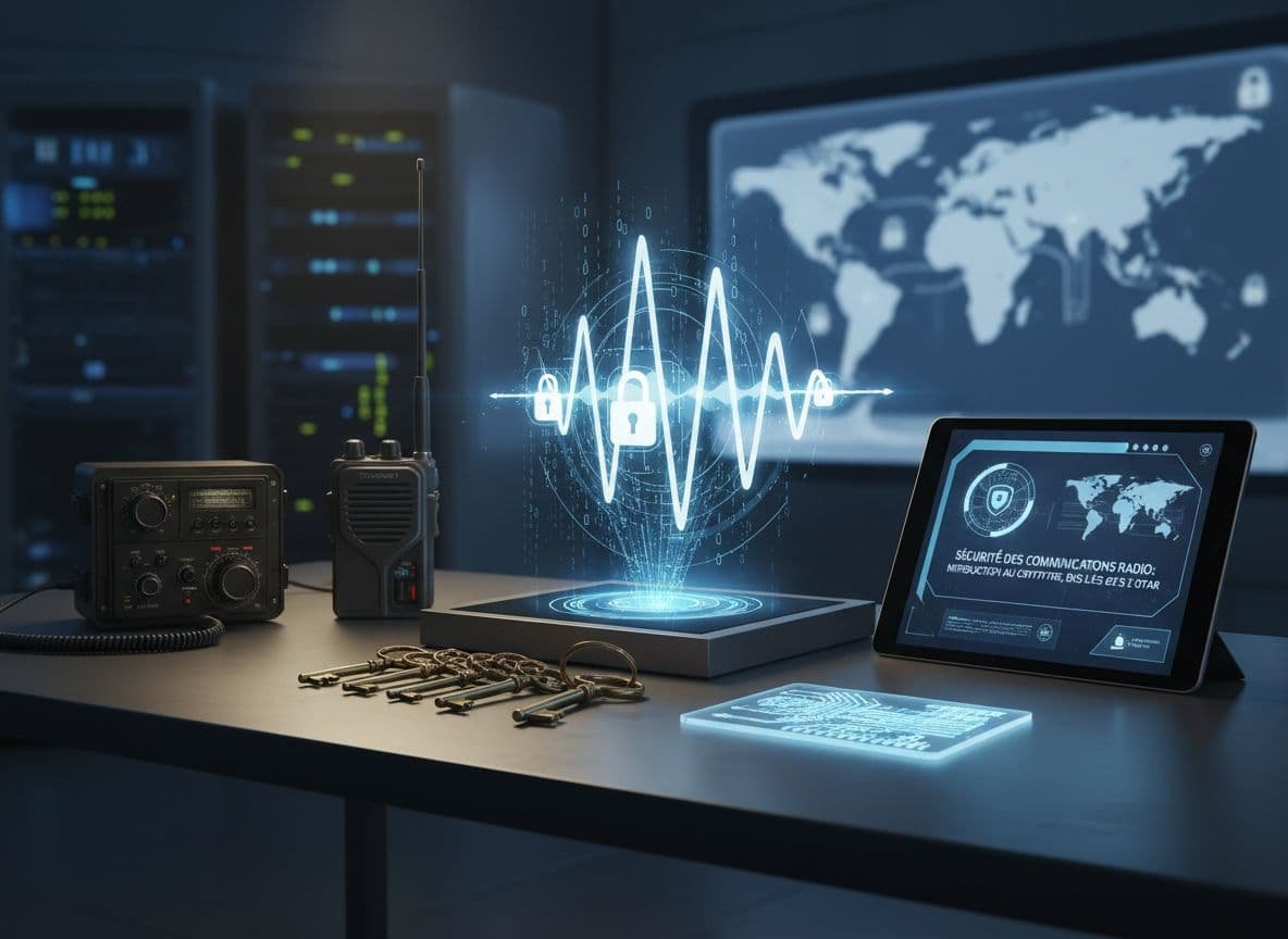Représentation photoréaliste de la sécurité des communications radio introduisant le cryptage, les clés cryptographiques et la technologie OTAR en ultra haute définition avec un éclairage cinématographique professionnel.