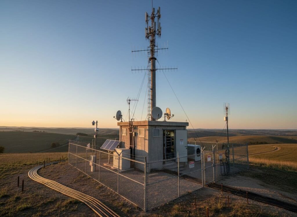 Image très détaillée et photoréaliste d'une station de base de radio mobile numérique (DMR) située au sommet d'une colline isolée dans un paysage rural, sous un ciel bleu clair à l'heure dorée du coucher du soleil, avec un mât d'antenne imposant équipé d'antennes VHF/UHF et un abri robuste contenant des composants de télécommunication.