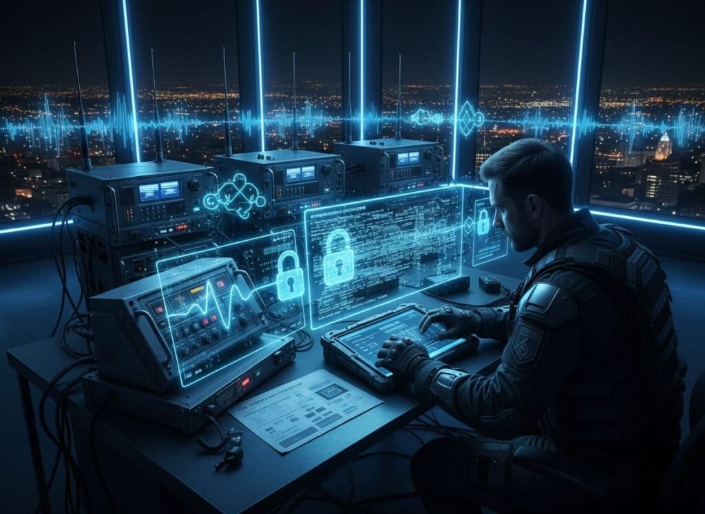 Un technicien concentré, vêtu d'un uniforme tactique, configure des clés de chiffrement sur un émetteur-récepteur radio bidirectionnel professionnel dans un centre de commandement high-tech nocturne, avec des affichages holographiques montrant des formes d'onde se transformant en texte chiffré sécurisé et des stations de base radio en arrière-plan transmettant des signaux cryptés à travers un paysage urbain.
Traduit avec DeepL.com (version gratuite)