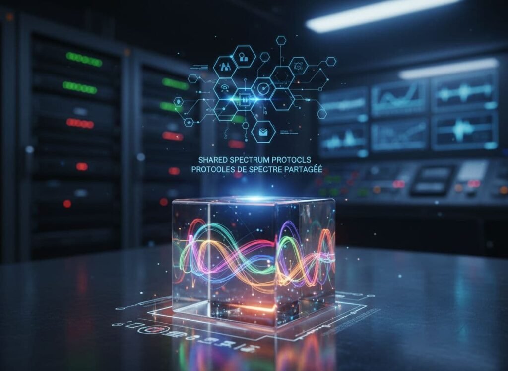 Une photographie hyperréaliste et ultra haute définition illustrant les concepts couverts par les protocoles de spectre partagé, capturée avec une qualité DSLR professionnelle, un éclairage cinématographique et une mise au point précise.