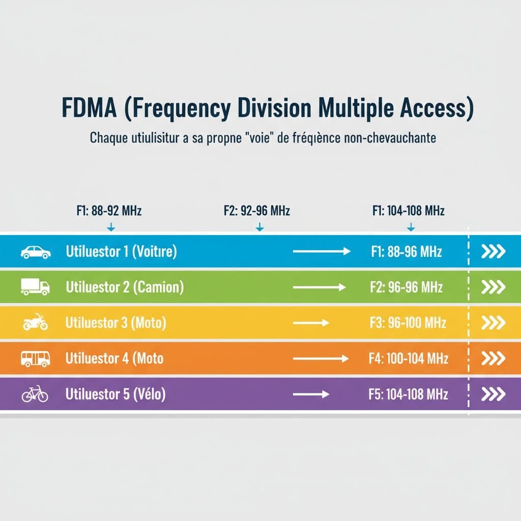 Ce diagramme illustre l'accès multiple par répartition en fréquence (FDMA), une technique de multiplexage fondamentale utilisée dans les télécommunications pour diviser le spectre de fréquences en canaux destinés à plusieurs utilisateurs.